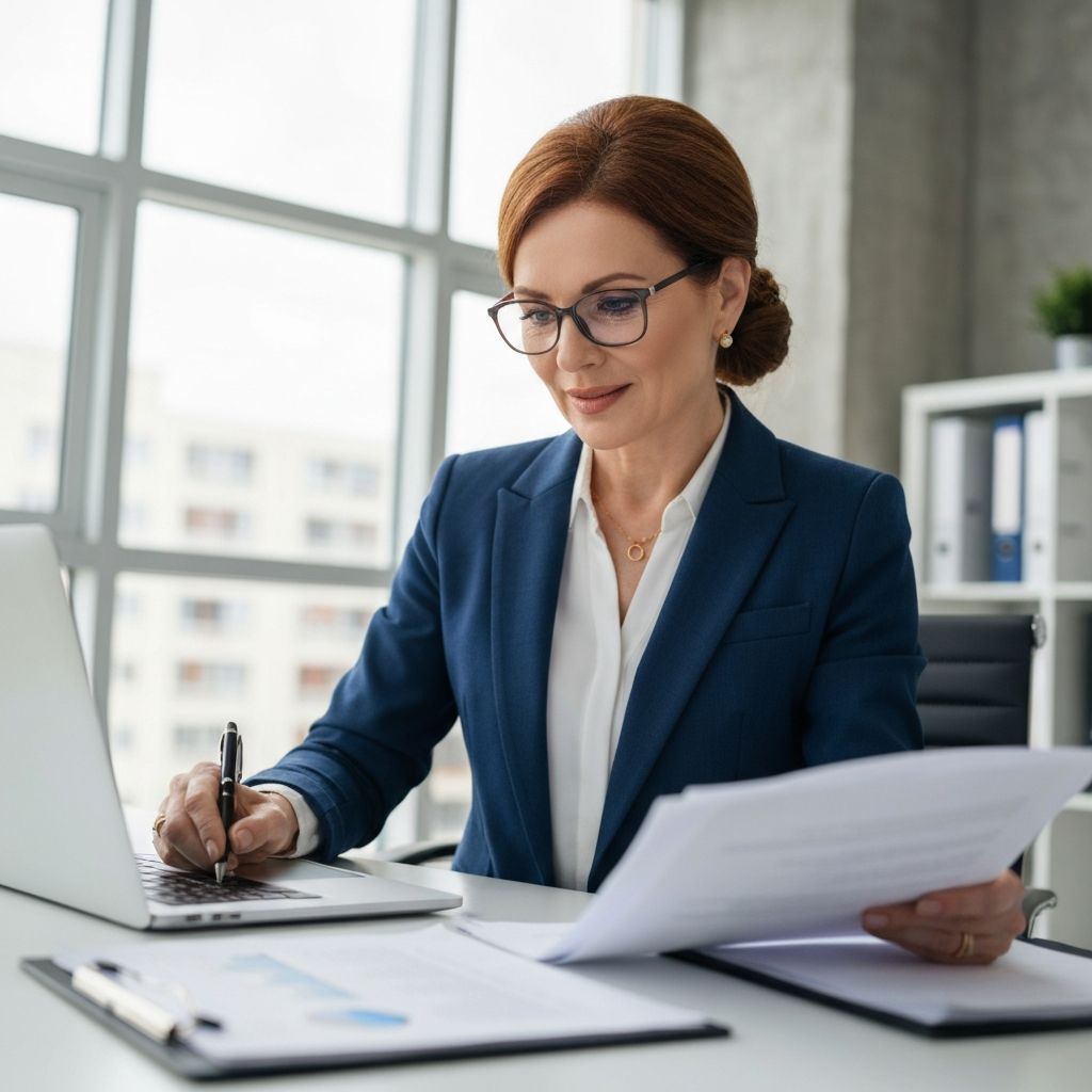 Consultora profesional trabajando con laptop y documentos en oficina moderna