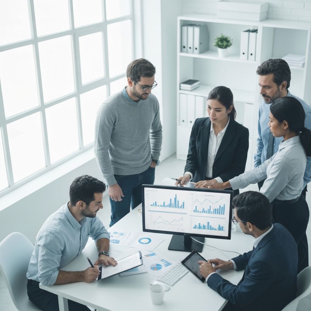 Equipo de consultores profesionales trabajando juntos analizando datos financieros en oficina moderna