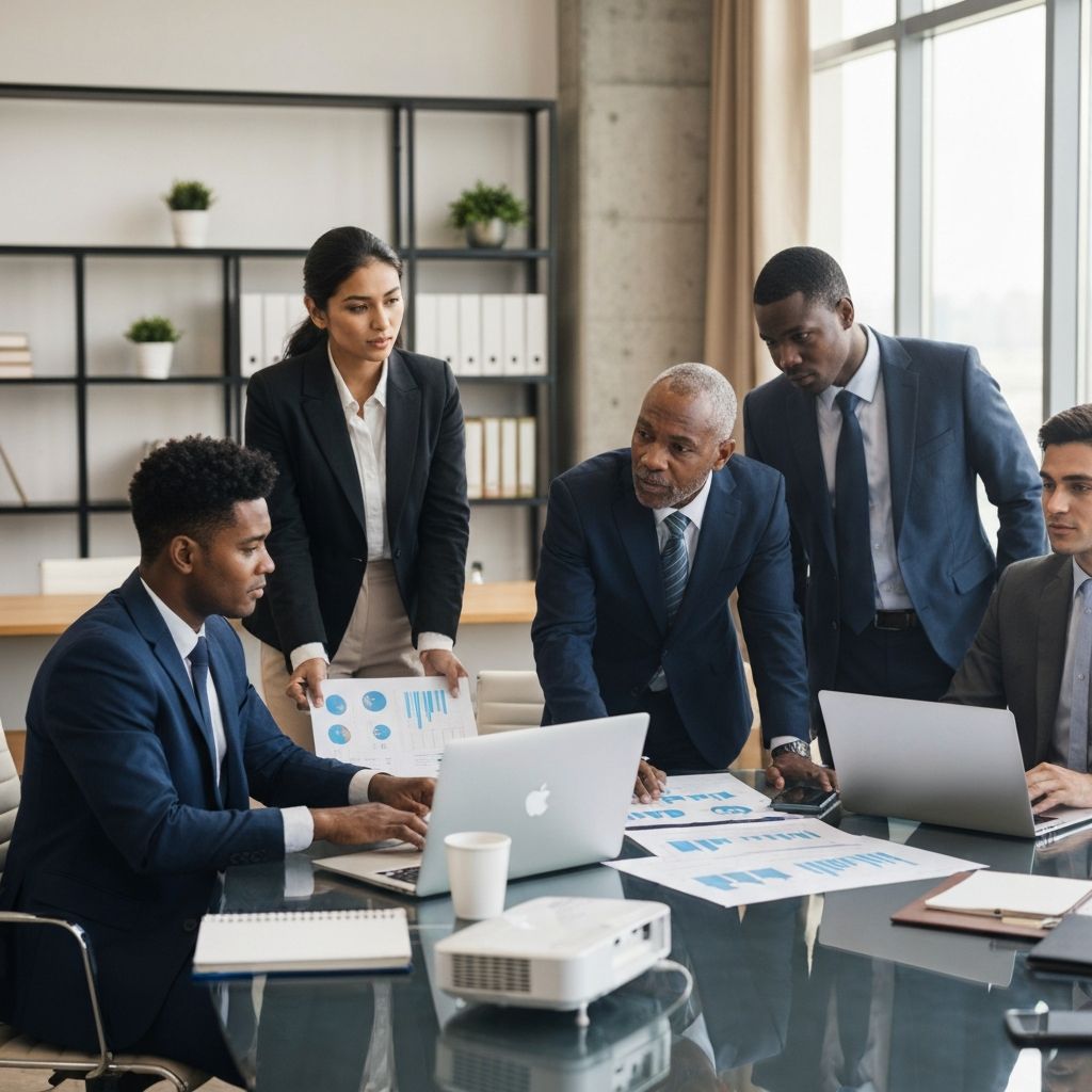 Equipo diverso de profesionales colaborando en proyecto financiero en oficina moderna