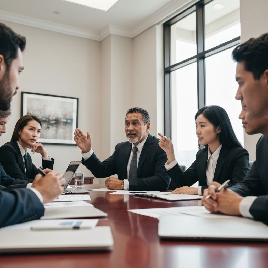 Profesionales de negocios en reunión estratégica en sala de conferencias analizando información financiera
